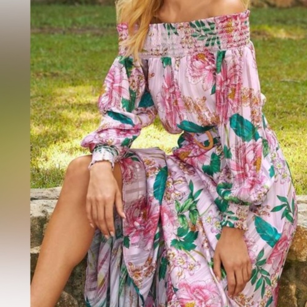 Boston Proper 🦋Floral Blooms Off The Shoulder Belted Maxi Dress Pink Multi , M